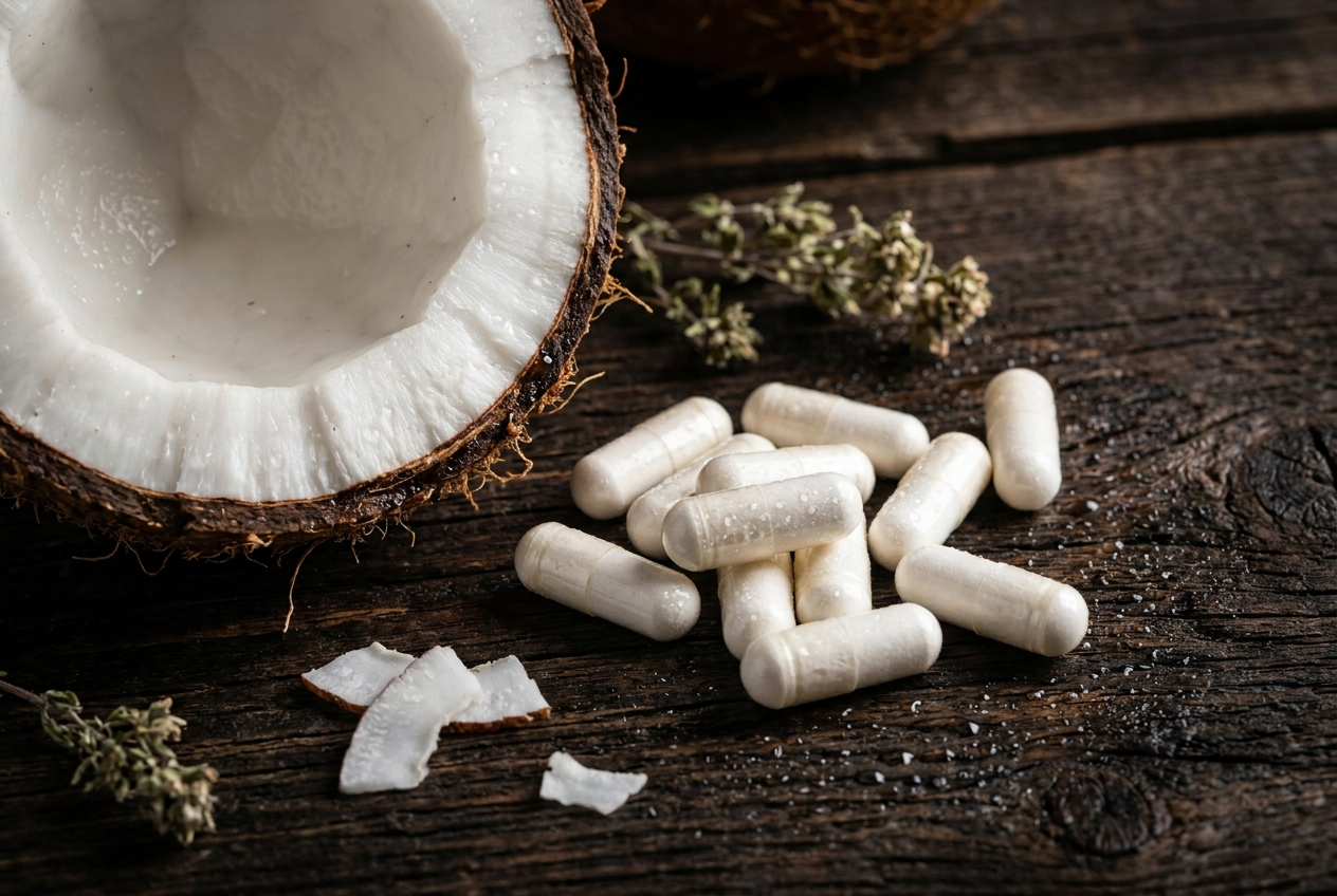 A halved raw coconut next to white supplement capsules on a dark wooden surface.