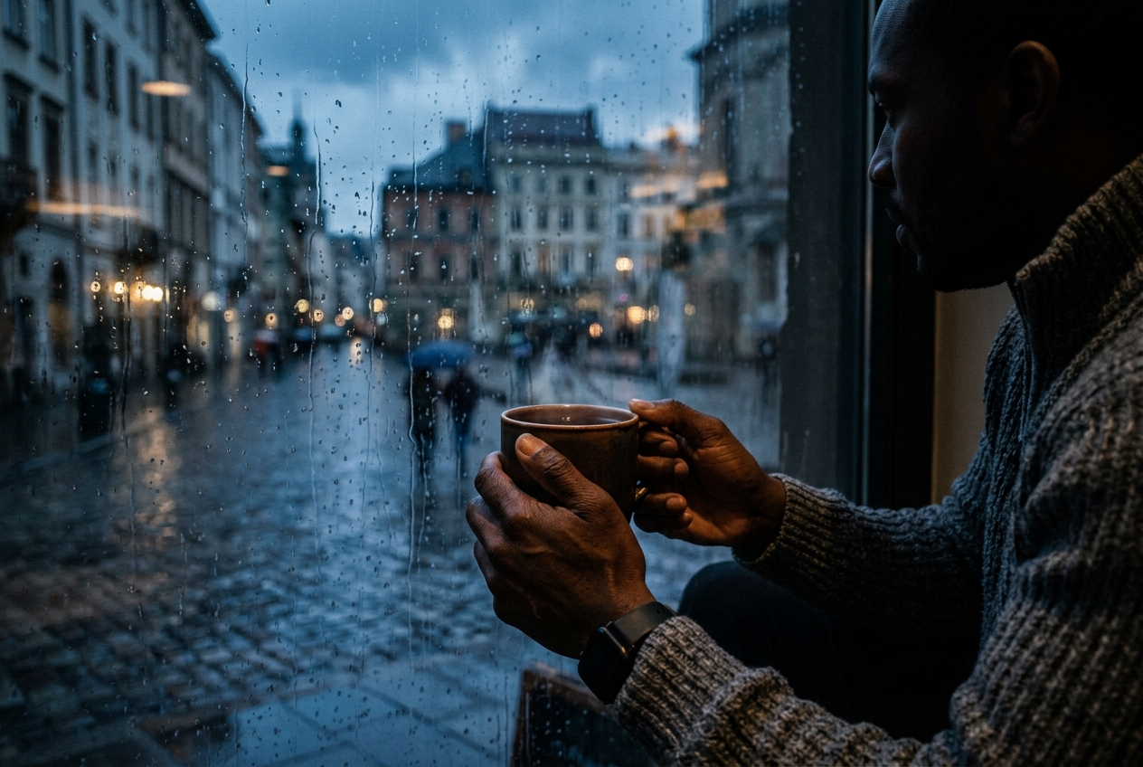 Silhouette of an African American man holding a warm mug by a rain-streaked window.