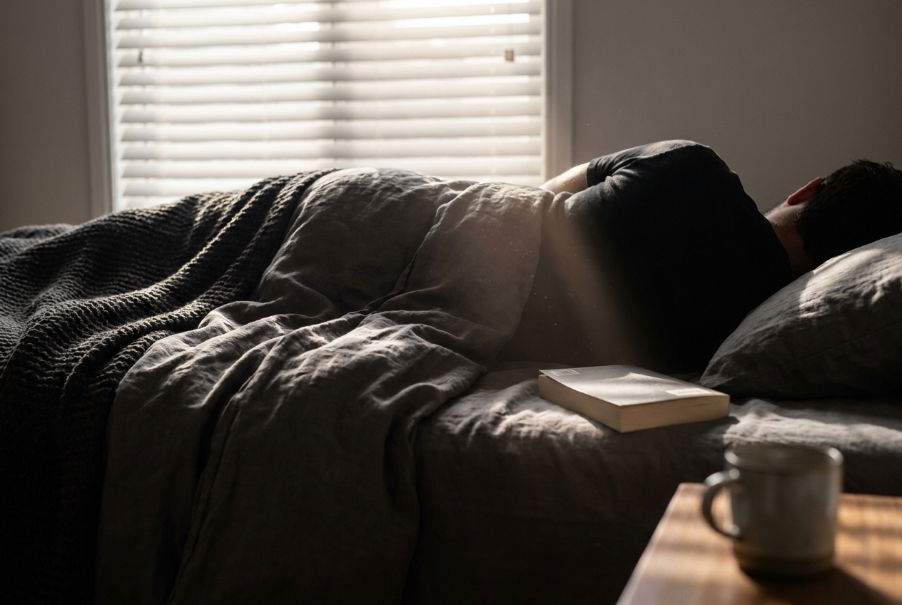 An African American man resting under heavy linen sheets in a softly lit bedroom.