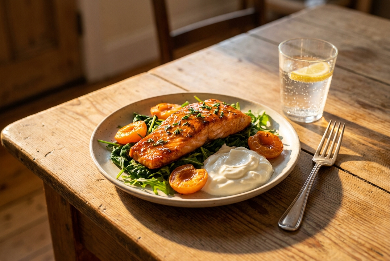 Plated salmon with roasted apricots and greek yogurt on a rustic wooden table