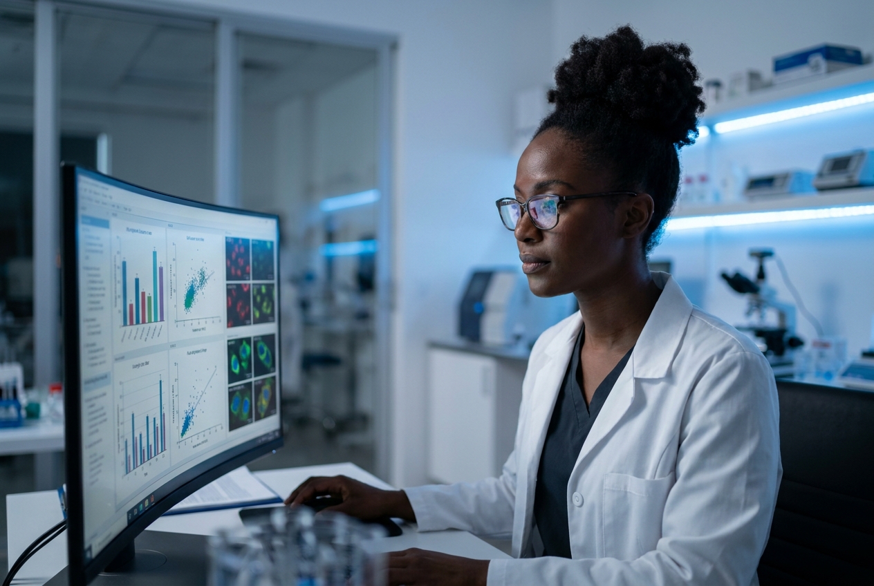Female scientist in a white coat reviewing realistic medical data charts on a lab monitor.