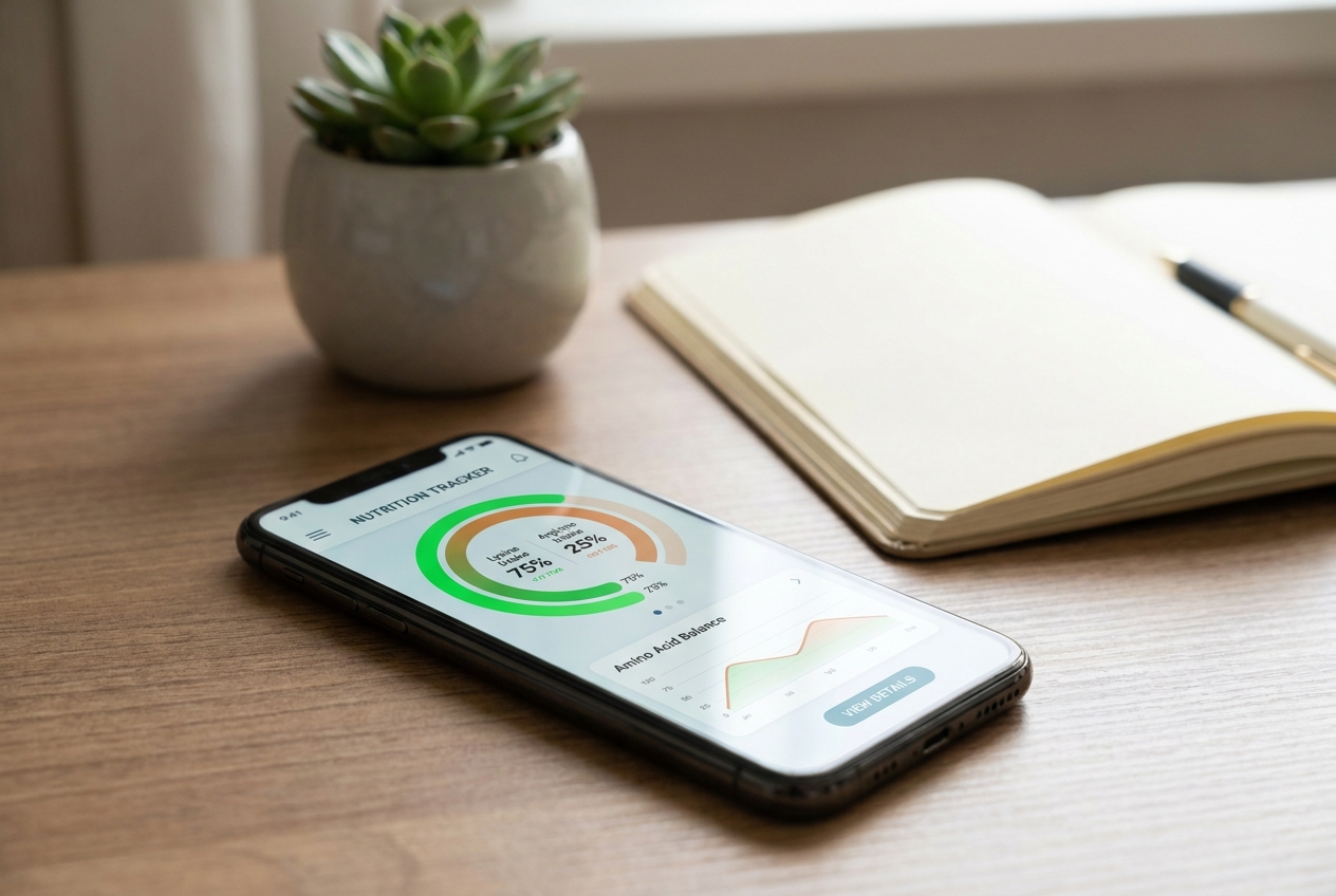 A smartphone resting on a desk displaying a wellness app graph of amino acid intake.