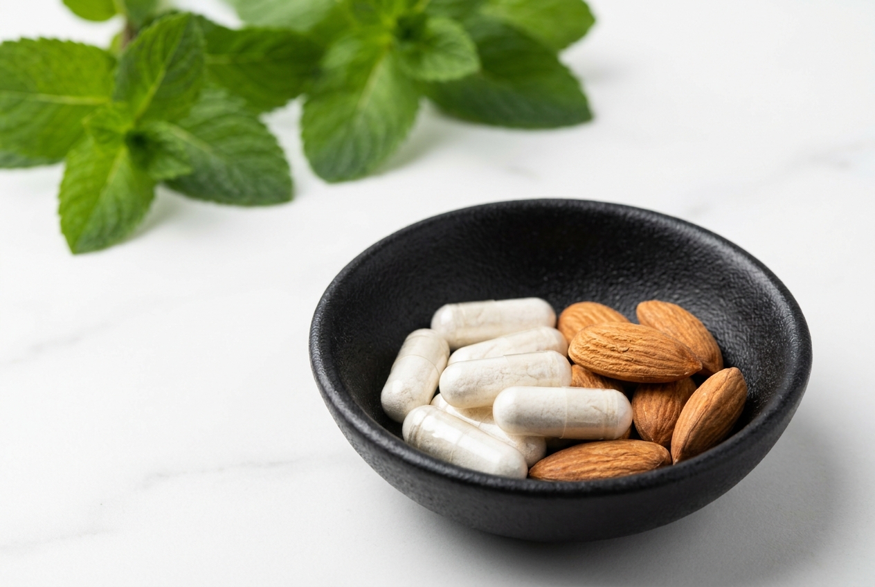 Clear supplement capsules in a matte black bowl placed next to raw almonds on marble.
