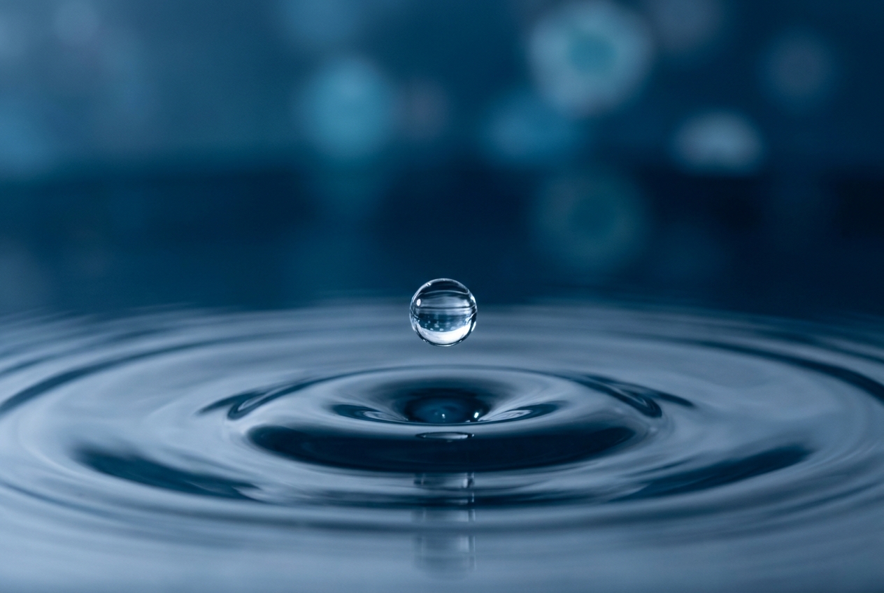 A macro shot of a single water drop creating ripples on a blue surface.