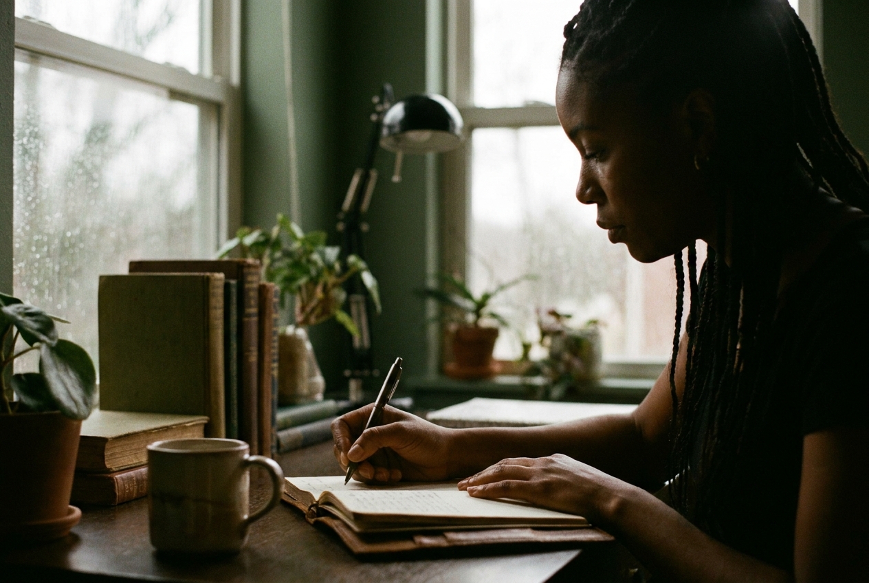 Silhouette of a woman writing in a leather journal by a rainy window.