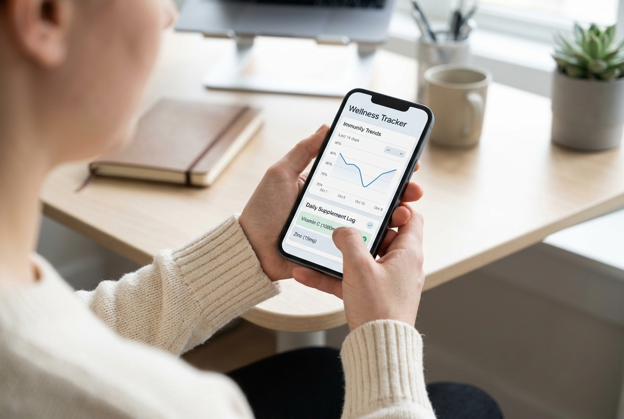 A smartphone screen displaying a realistic wellness and immunity tracking app.