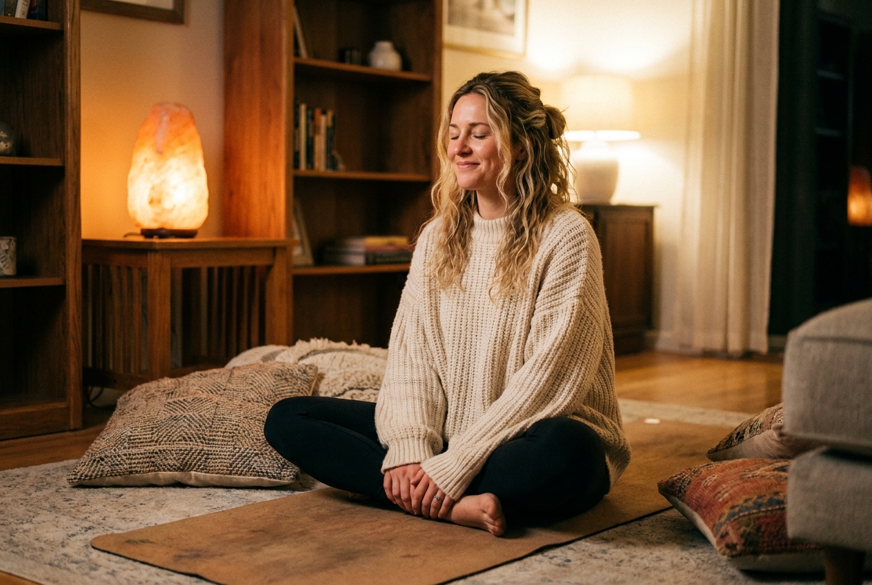 A Caucasian woman sitting on a yoga mat with eyes closed, practicing deep breathing in a dimly lit room.