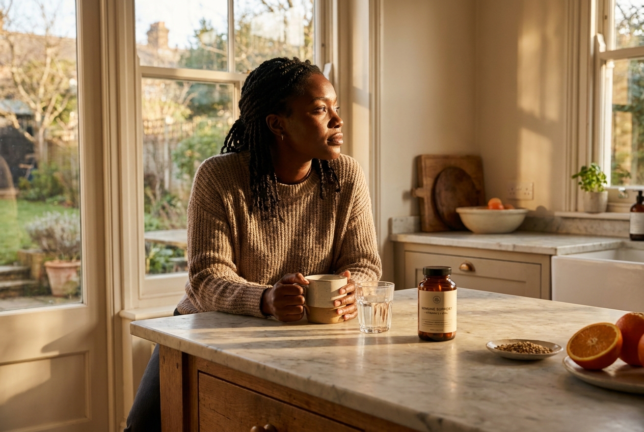 African American woman at a sunlit kitchen counter holding a glass of water.