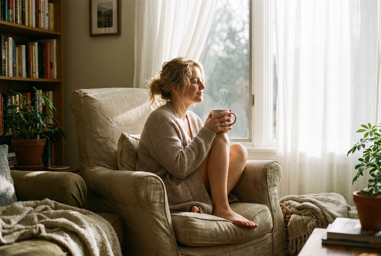 Woman relaxing in an armchair holding a warm mug by a sunny window