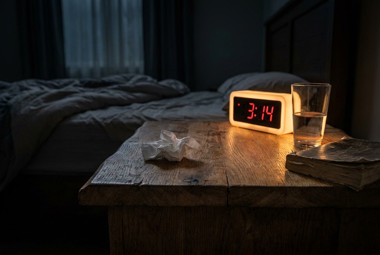 A digital alarm clock reading 3:14 AM on a nightstand next to a glass of water.