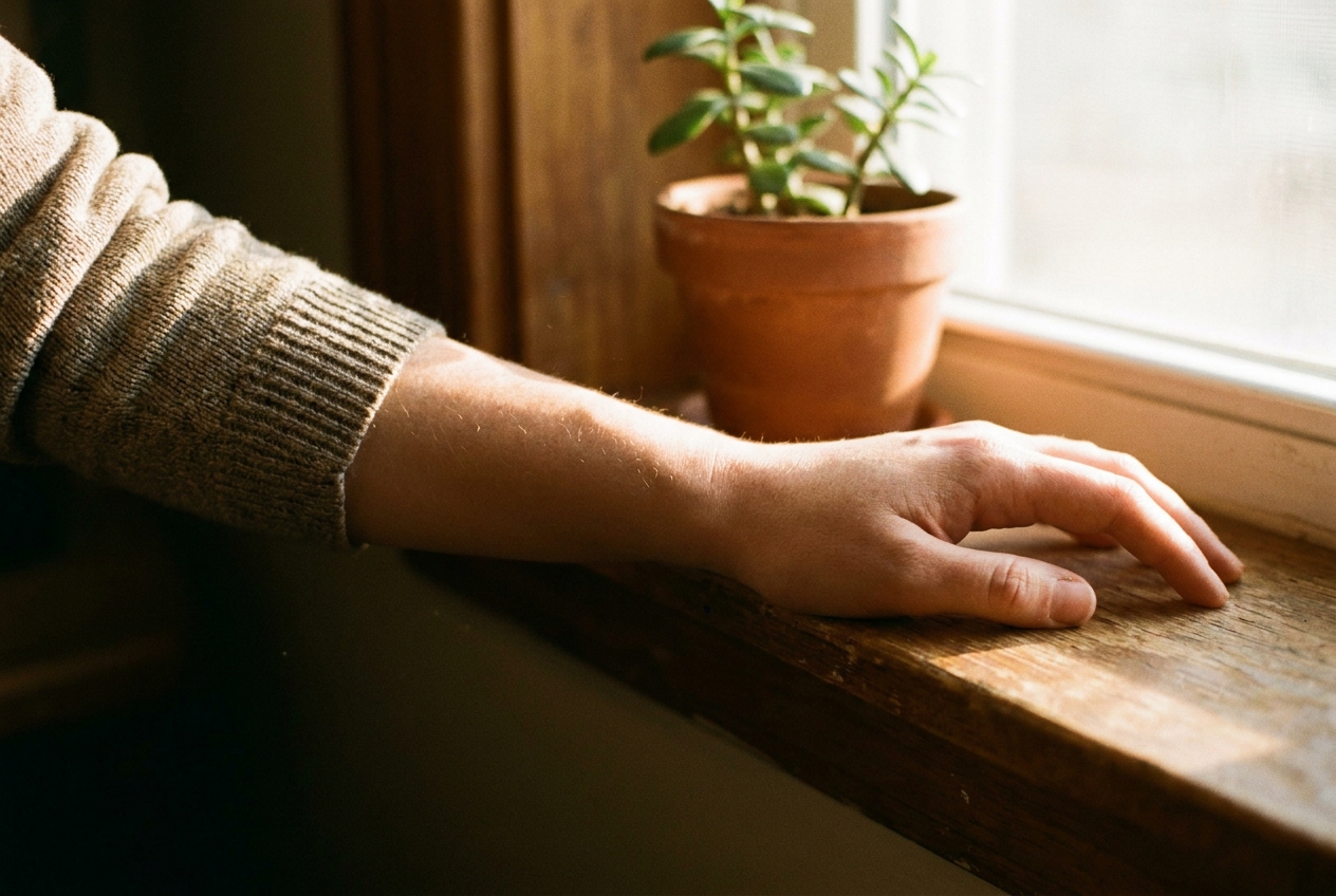 A forearm resting in warm sunlight on a windowsill