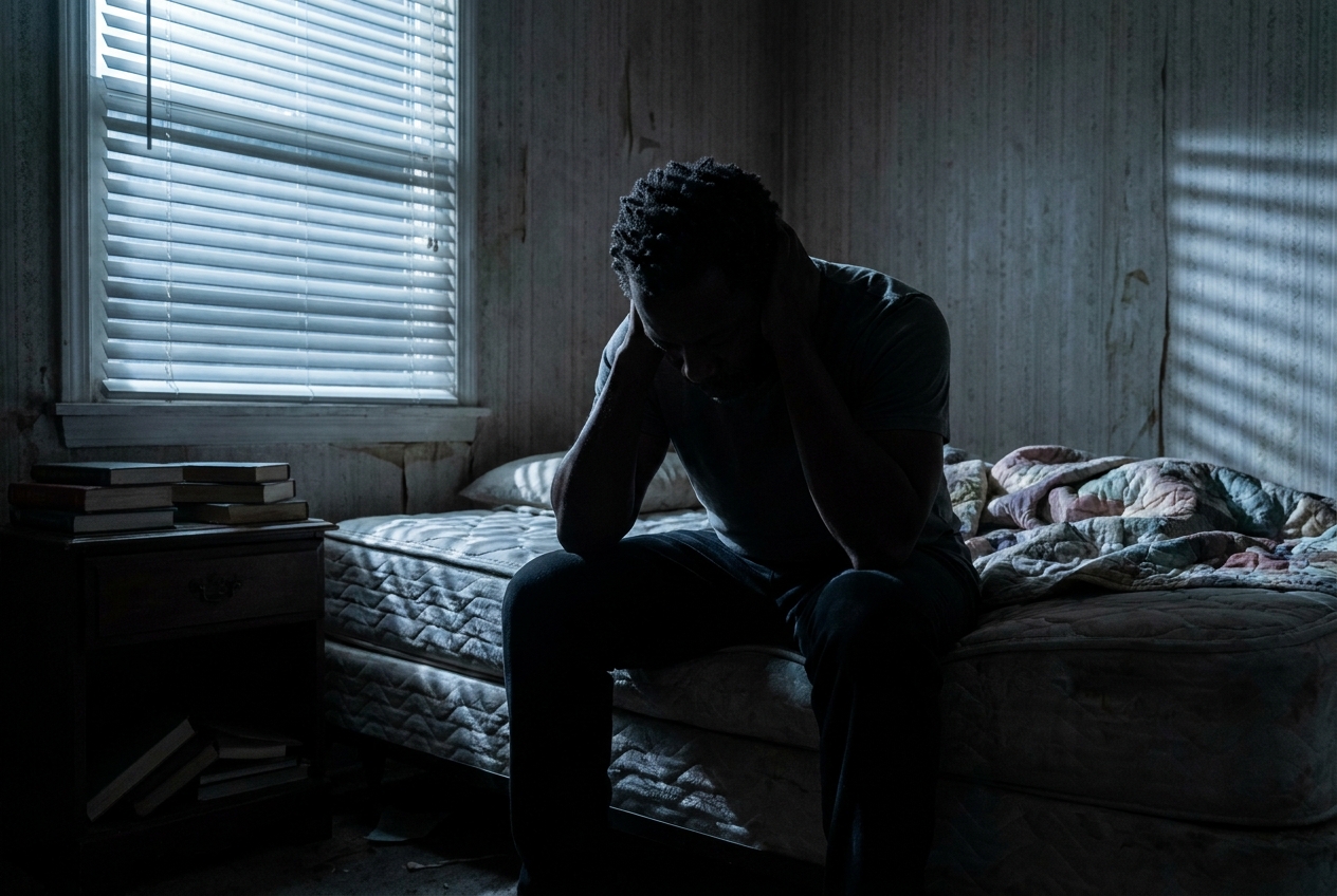 Silhouette of an exhausted man sitting on a bed holding his neck.