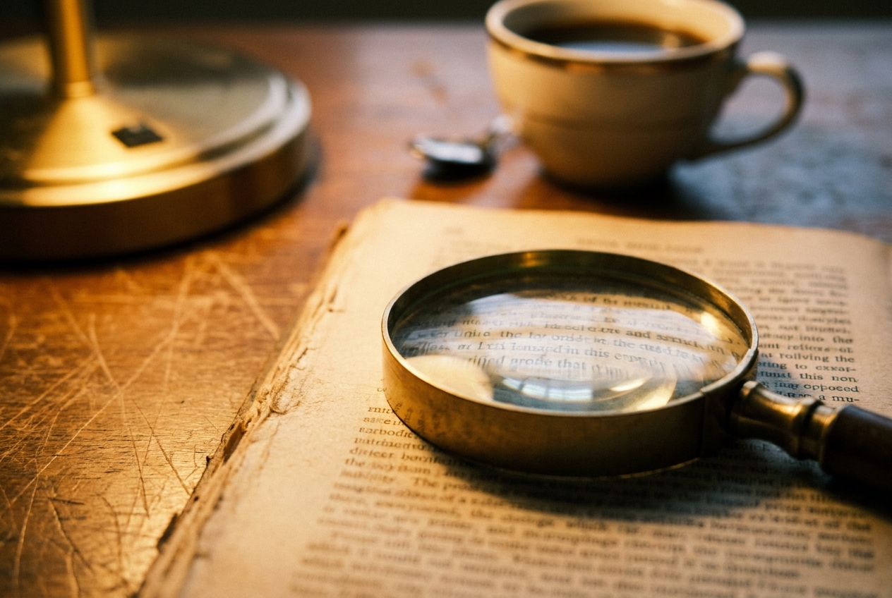 A magnifying glass resting on a printed page of research text on a desk