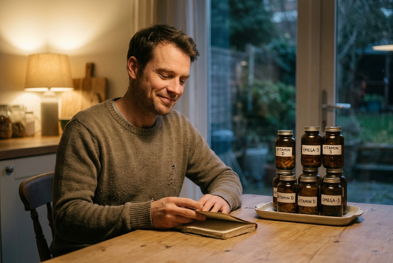 Man closing a notebook at his kitchen table with supplement bottles neatly arranged nearby