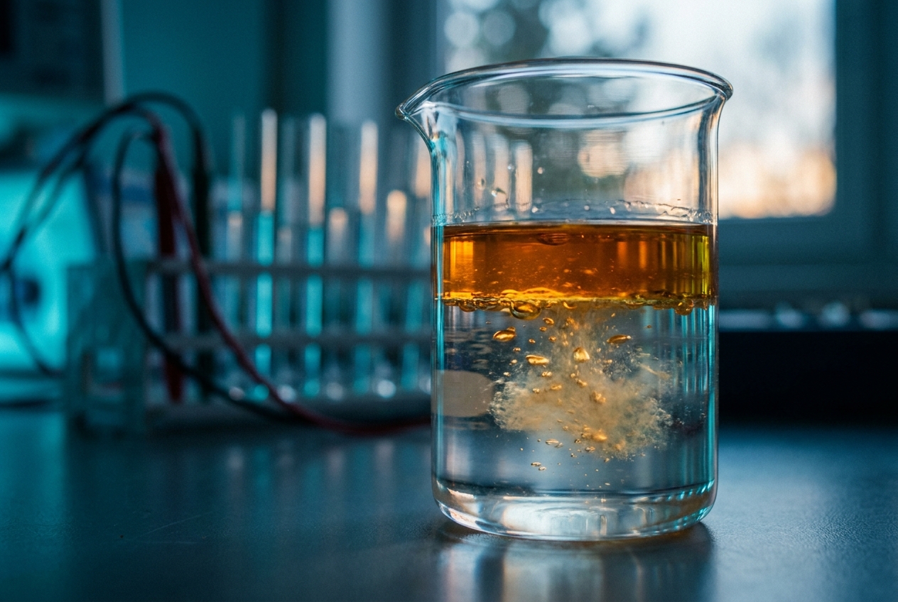 Golden oil droplets dispersing through clear liquid in a glass beaker, illustrating a membrane-disruption mechanism