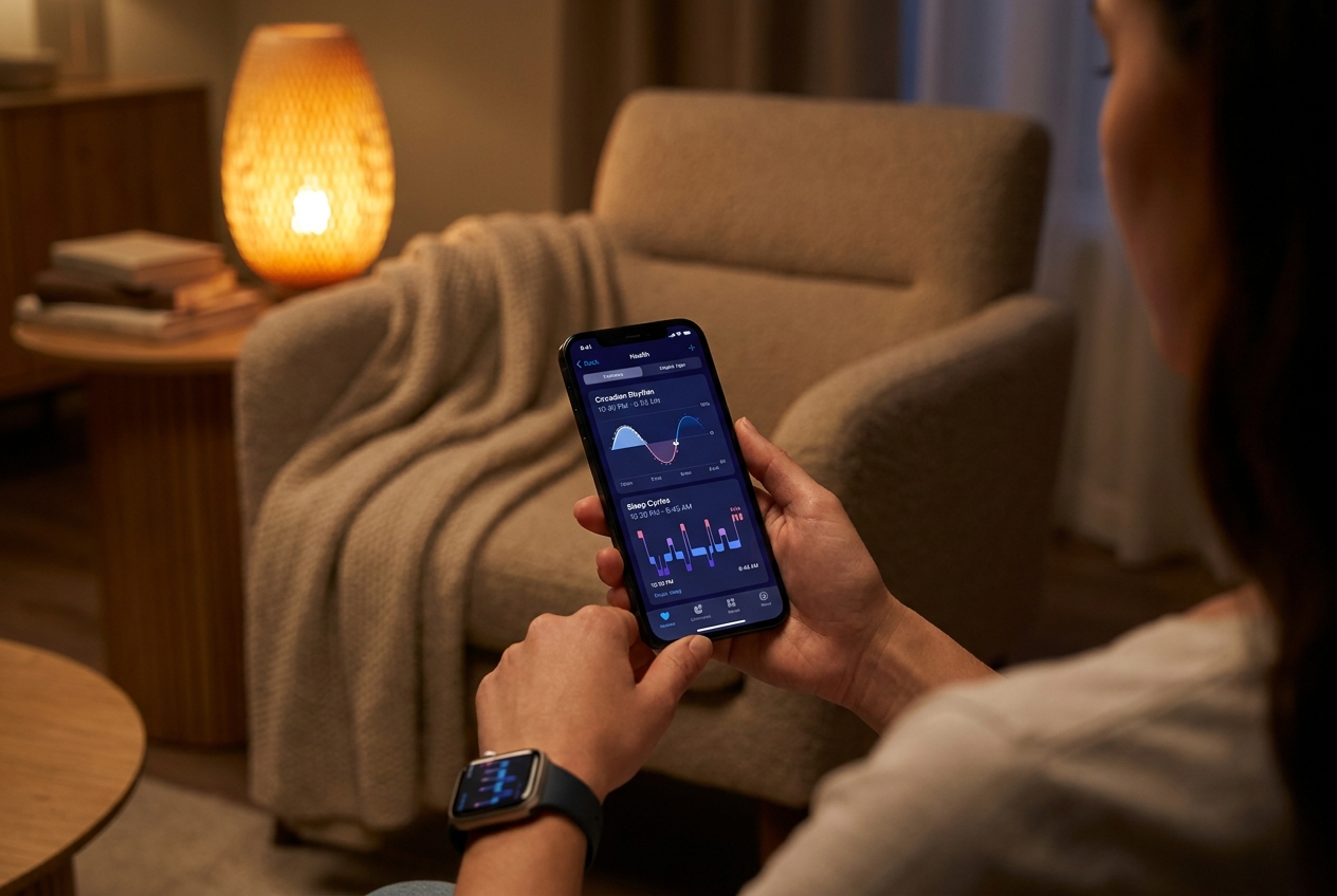 Hands holding a smartphone displaying a realistic sleep tracking chart.