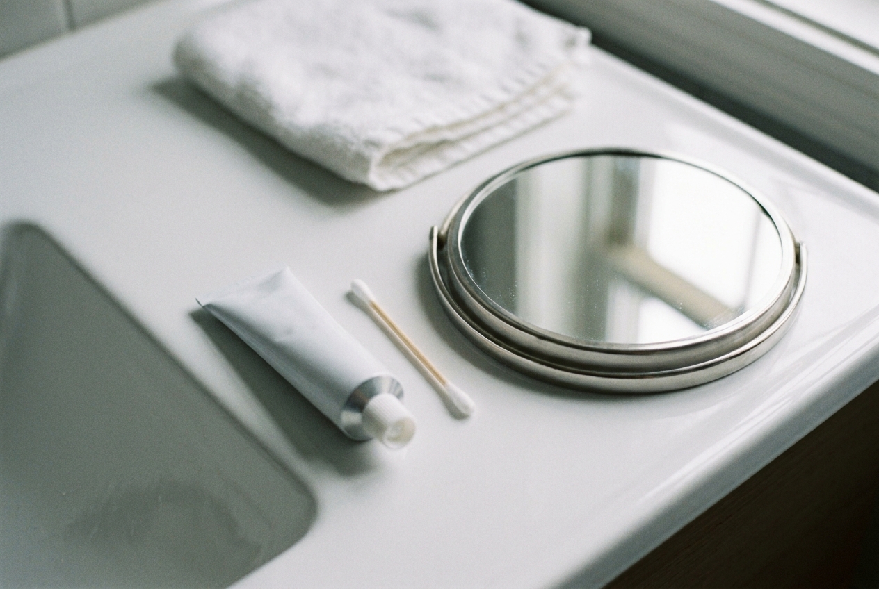 A small tube of topical cream beside a cotton swab on a bathroom counter