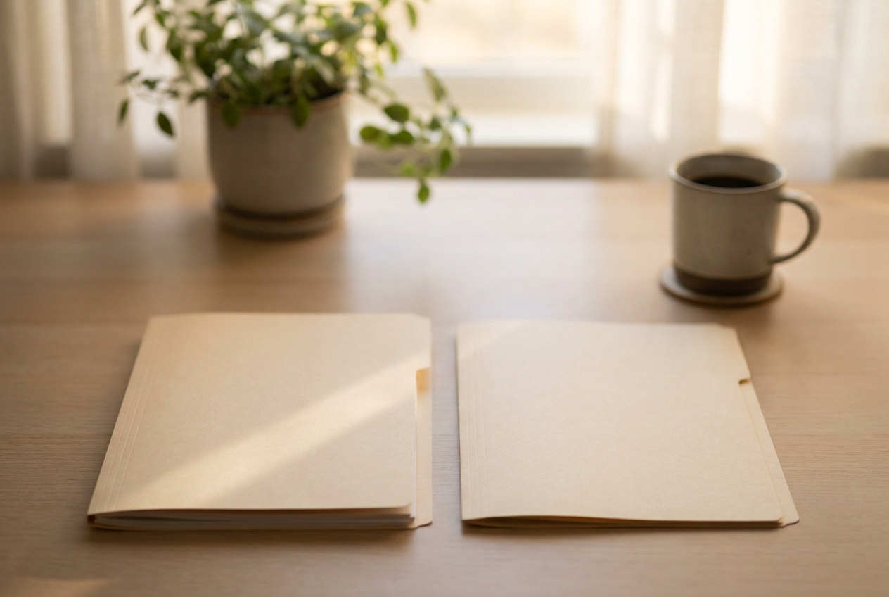 Two separate closed manila folders resting side by side on a desk with a visible gap between them