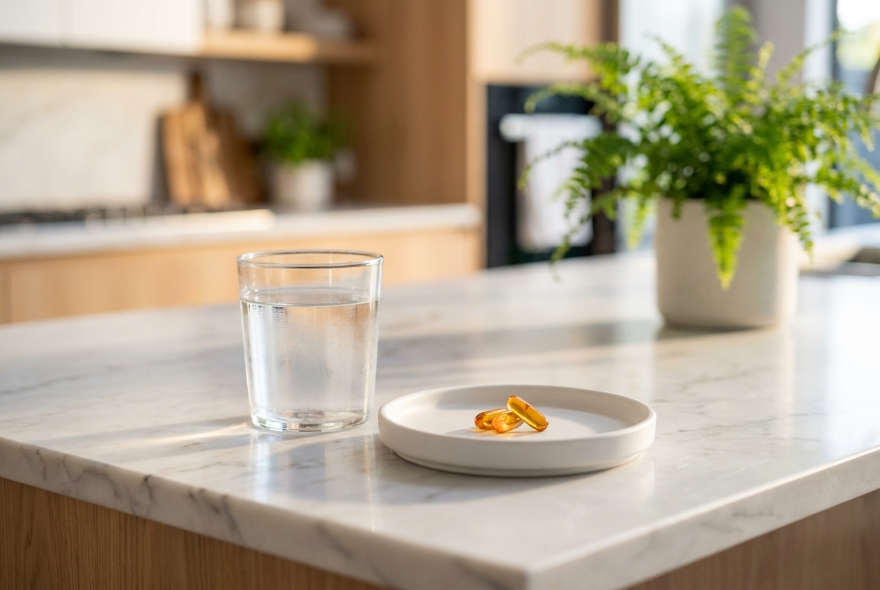A glass of water and natural supplements in a small white dish on a marble counter.