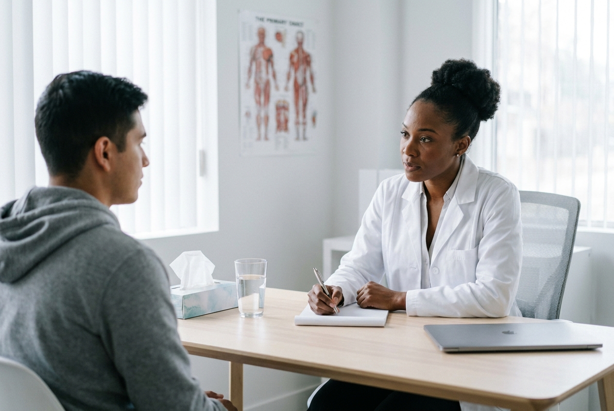 Doctor and patient talking calmly across a desk in a bright primary care office