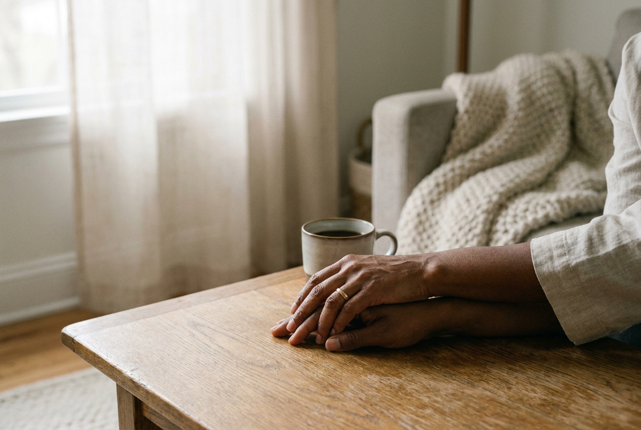 Two hands resting together on a coffee table beside a mug of tea in soft window light